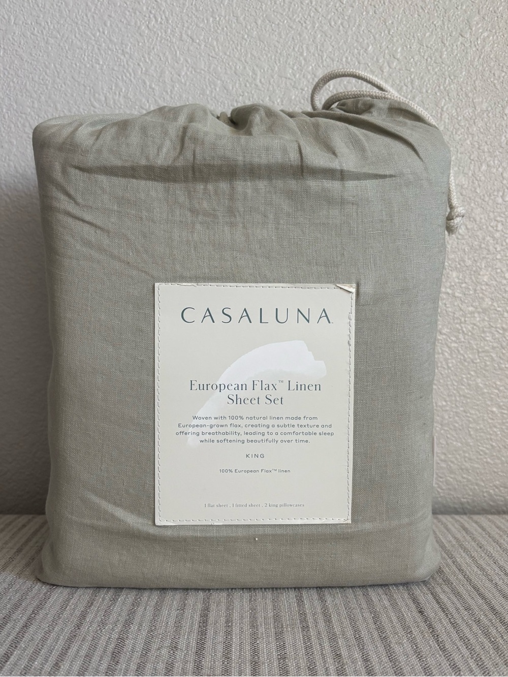 NWT King 100% Linen Sheet Set Light Olive Green - Casaluna